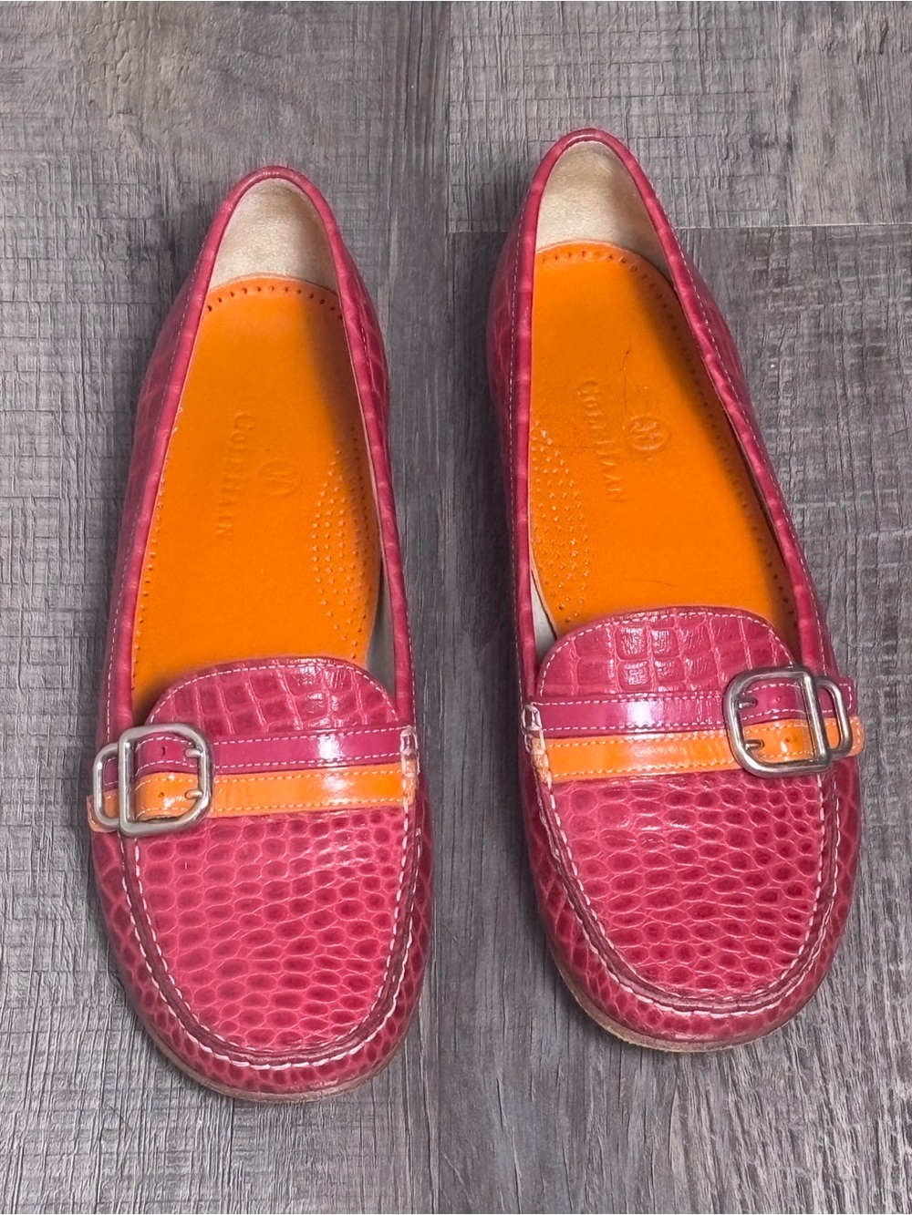 Cole Haan 7.5B Pink Croc Embossed Leather Buckle Loafers EUC orange genuine slip